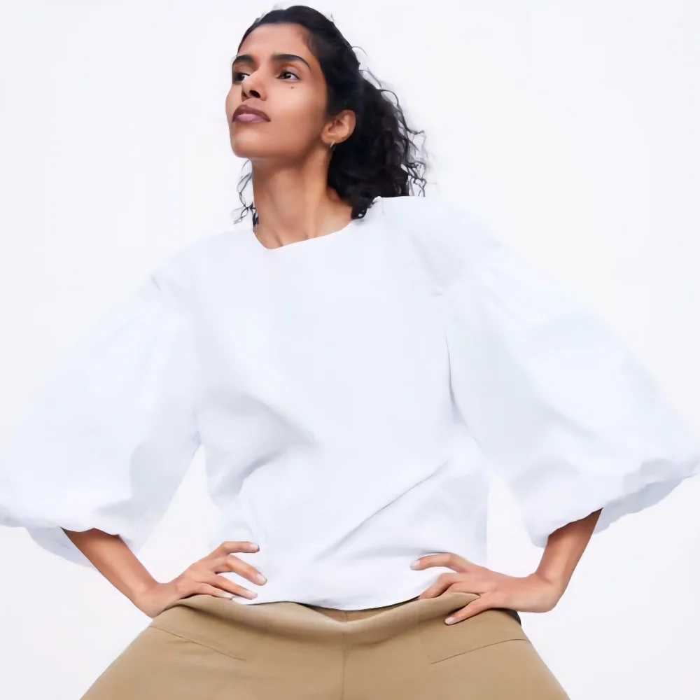 Zara White Cotton Blouse XS Balloon Puff Sleeve Summer Relaxed Boho Top